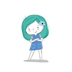 Fototapeta premium Cute little girl vector drawing. Line ink style, perfect for the girls oriented designs.