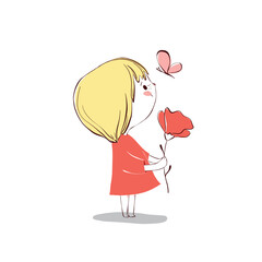 Cute little girl vector drawing. Line ink style, perfect for the girls oriented designs.