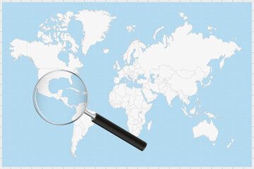 Magnifying glass showing a map of El Salvador on a world map.