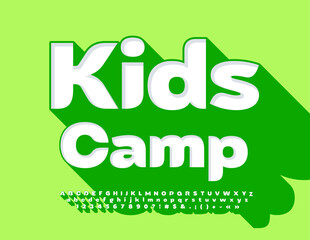 Vector recreational banner Kids Camp. White Font with Green Shadow. 3D Alphabet Letters, Numbers and Symbols
