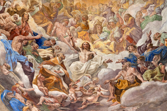 NAPLES, ITALY - APRIL 22, 2023: The detall of Jesus from the fresco in the Dome of the Royal Chapel of the Treasure of St. Januarius in Cathedral by  Domenichino and Giovanni Lanfranco (1631 - 1643).