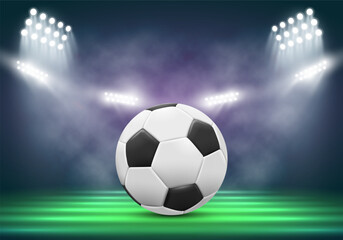 Naklejka premium Soccer ball on a stadium background illuminated by spotlights. Vector illustration.