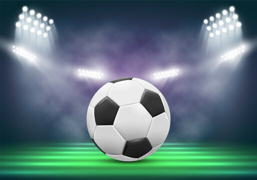 Soccer ball on a stadium background illuminated by spotlights. Vector illustration.