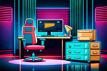 Neon teen streamer room interior with desk and pc vector background. Cyber gamer studio front view with computer, chair and keyboard 