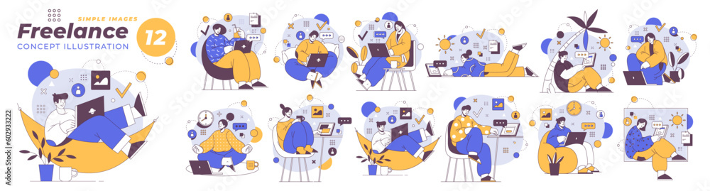Poster freelancers cartoon characters working on laptop, online job on computers. vector illustration of pr