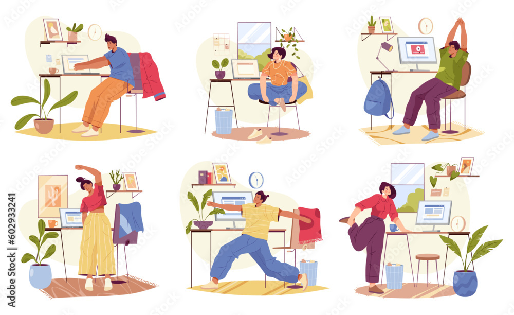 Poster employees working from home or office stretching. cartoon characters, vector in flat style. people d