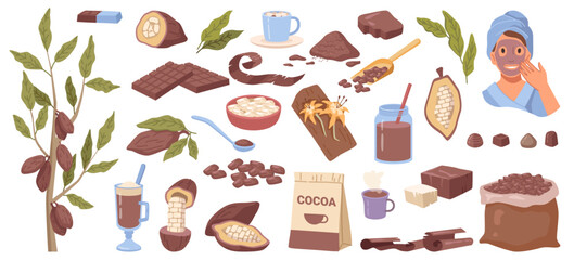 Chocolate cartoon set with cocoa beans and powder, hot chocolate drinks, candies and sweets, bars of white and dark chocolate. Flat vector illustration of woman with mask, coffee and cocktails