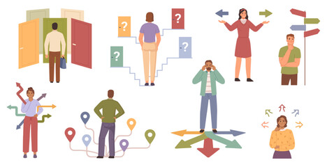 Choosing from multiple directions, solutions people and path choice concept flat cartoon vector illustration. Characters making choices, decisions, life path. Different options, opportunities