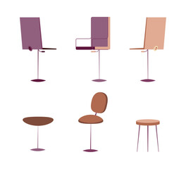 Chair or seat for workplace isolated flat cartoon set. Vector chairs office furniture, chairs or stools, classic armchairs with spinning, officechairs for office interior