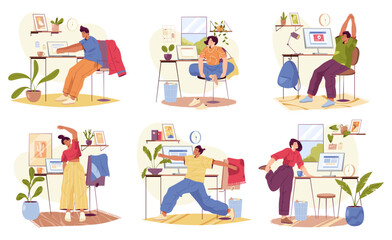 Fototapeta na wymiar Employees working from home or office stretching. Cartoon characters, vector in flat style. People doing small exercises at workplace to get rest and relaxation. Removing tension and muscle soreness