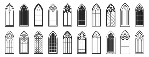 Gothic windows outline set. Vector illustration of vintage stained glass church frames, black silhouette icon. Element of traditional european architecture, cathedral windows - obrazy, fototapety, plakaty