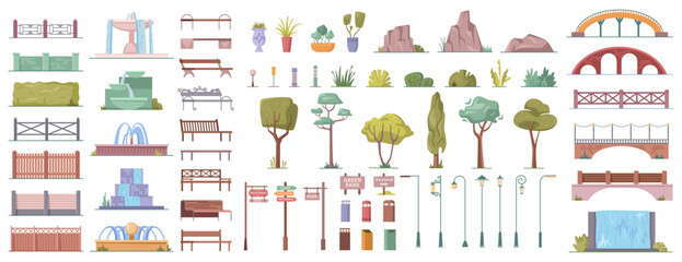 City park elements cartoon set of summer trees and bushes, bridges and benches, street lights and fences, fountains and stones buildings, grass isolated vector illustration icons - obrazy, fototapety, plakaty