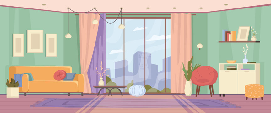 Modern room with panoramic window and furniture. Apartment with sofa, chair and pictures on wall, cosy flat interior, cityscape outside the window, megapolis panorama vector illustration