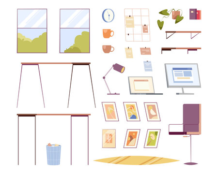 Office furniture elements in flat cartoon design. Vector windows and lamps, pictures and clock, computer monitors and shelf, workplaces or home office furniture