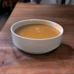 A bowl of lentil soup on the wooden table in the cafeteria.