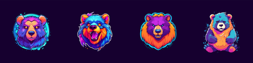 The logo of a colorful bear on a dark background, in cartoon style. A colorful drawing of a bear. Vector illustration.
