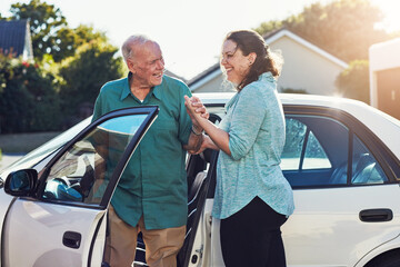 Car, help and caregiver woman with old man for assisted living, retirement care and rehabilitation....