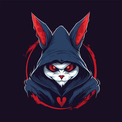 The face of a bunny, in the style of fantasy characters, dark cyan and red. Vector illustration.