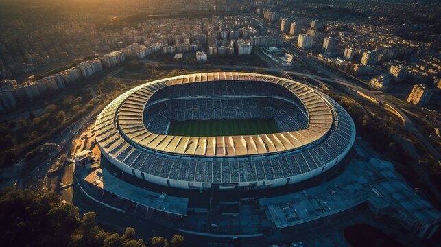 Aerial View Of Football Stadium At Night With Lights. Generative Ai