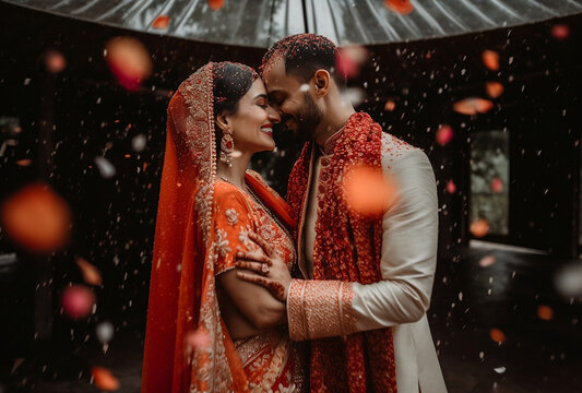 An indian bride and groom embracing in the red fabric wedding costume with red flowers petals falling down, generative ai
