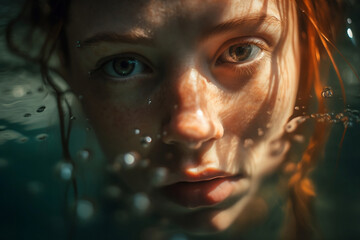 A beautiful blue eyes red hair woman swimming in the clear pool water, look straight to camera with captivated eyes, generative ai