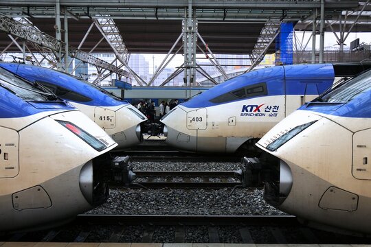 SEOUL, SOUTH KOREA - APRIL 5, 2023: KTX Sancheon high speed trains at Seoul Station. Korail KTX Sancheon bullet train achieves speeds up to 305 kph. It is built by Hyundai Rotem.