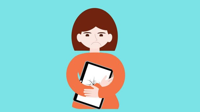 simple video animation girl with broken tablet
