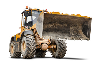 Heavy front loader or bulldozer on a white isolated background. construction machinery. Transportation and movement of bulk materials. Large bucket for earth, sand and gravel.