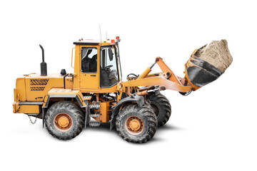 Heavy front loader or bulldozer on a white isolated background. construction machinery. Transportation and movement of bulk materials. Large bucket for earth, sand and gravel.