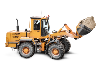 Heavy front loader or bulldozer on a white isolated background. construction machinery. Transportation and movement of bulk materials. Large bucket for earth, sand and gravel.