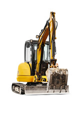Mini excavator on a white isolated background. Compact construction equipment for earthworks. close-up. Element for design. Rental of construction equipment.