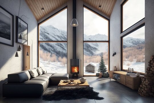 Mountain challet interior, living room with fireplace in Winter, snowy landscape view out of windows