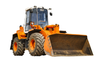 Heavy front loader or bulldozer on a white isolated background. construction machinery. Transportation and movement of bulk materials. Large bucket for earth, sand and gravel.