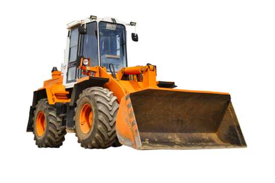 Heavy front loader or bulldozer on a white isolated background. construction machinery. Transportation and movement of bulk materials. Large bucket for earth, sand and gravel.