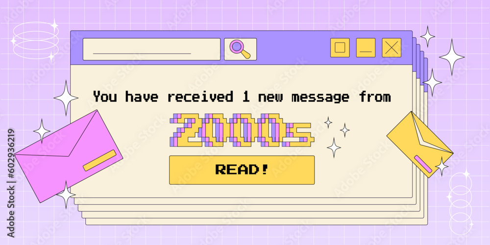 Fototapete Old computer window opened with reminder of a new message from 2000s, trendy Y2K aesthetic vector illustration, retro style pc screen.