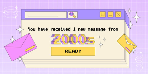 Old computer window opened with reminder of a new message from 2000s, trendy Y2K aesthetic vector illustration, retro style pc screen.
