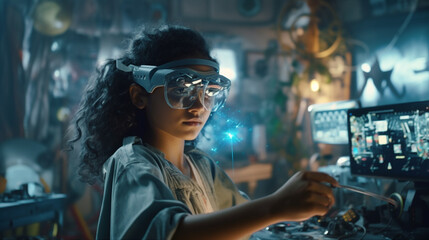 Fototapeta na wymiar Generative ai young girl with safety glasses learning in futuristic laboratory