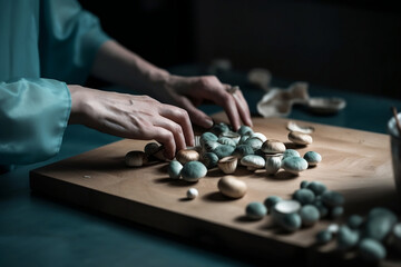 A woman hand prepare mushrooms on a wooden board with light turquoise and dark white, generative ai