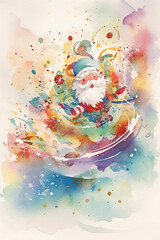 Watercolor of  Christmas with santa with lots of colourful lights, gifts, balloons, Christmas card, generative ai