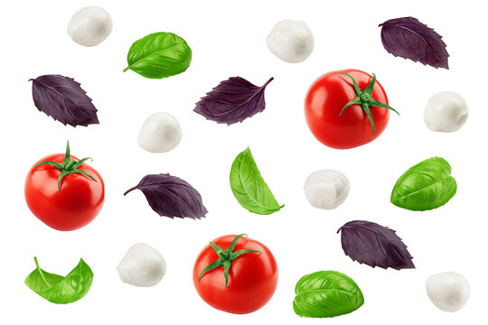 tomato, basil, mozzarella, isolated on white background, top view