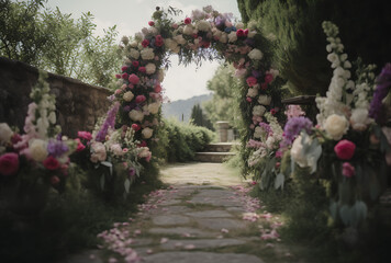 Wedding arch , ceremony with beautiful flowers and greenery in a mountain village, rural country site, generative ai
