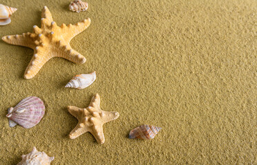 Fototapeta na wymiar Sea stars lie on the sand. Beautiful summer background.