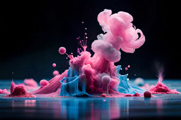 Paint drop. Ink water. Explosion smoke. Blue pink color fluid splash vapor cloud on glitter dust texture black abstract art background