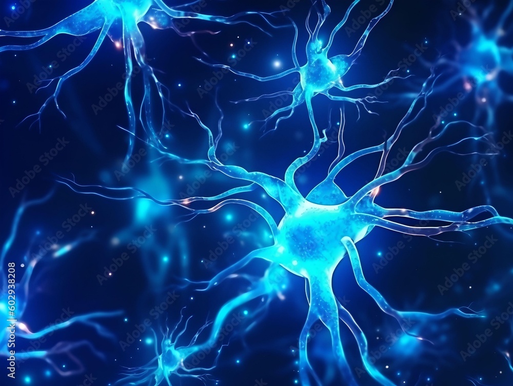 Poster blue colored abstract neurons in the brain with digital cyberspace network background. generative ai
