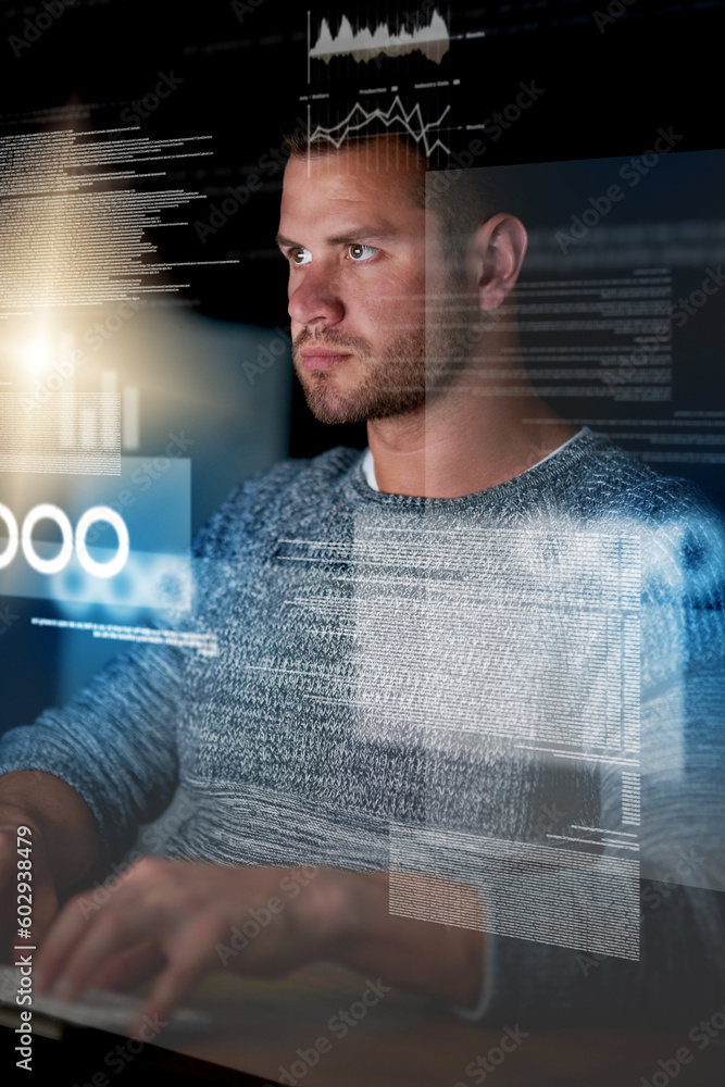 Poster night, hologram and man with focus, analytics and programming with cyber security, research or think