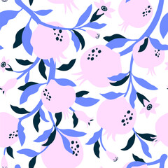 Pomegranate seamless pattern in neon color. Fruit, branches, leaves and flowers on lights background. Best for wallpaper, fabric, wrapping paper, bed linen. Hand drawn vector illustration