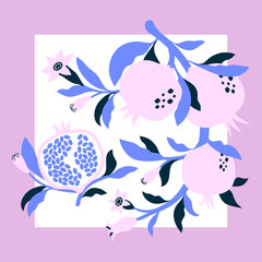 Natural pomegranate poster. Print with ripe pomegranates fruits, leaves and flowers. Flat style vector illustration. For interior design, postcards, t-shirt, print