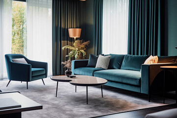 Mid-century modern with flowing shapes, velvet sofas and furniture created. Architectural photography of modern living room. Generative Ai content