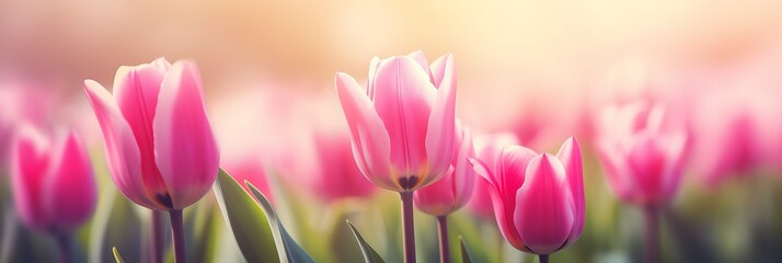 Obraz na płótnie Canvas beautiful pink Tulip on blurred spring sunny background. bright pink tulip flower background for spring or love concept. beautiful natural spring scene, texture for design, copy space, Generative AI
