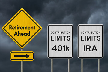 Retirement ahead with contribution limits street signs